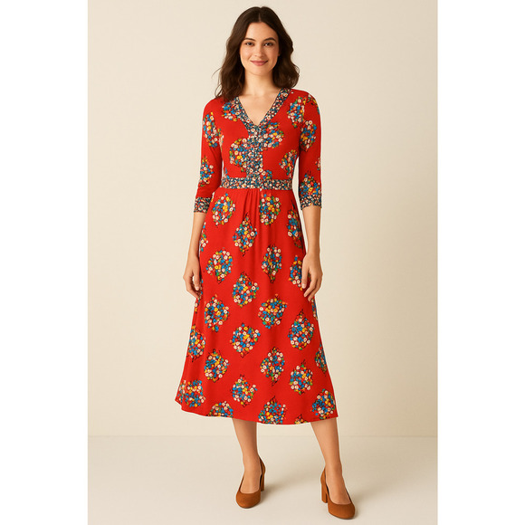 Boden Lily Jersey Midi Tea Dress Bright Ruby Poppy Bouquet Cottagecore Size 6R